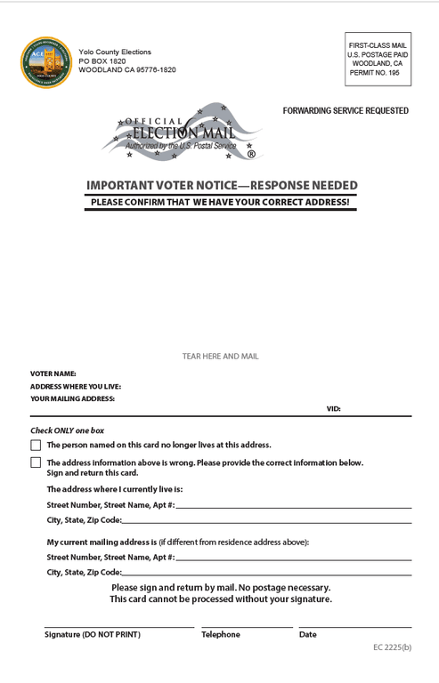 Change of Address Notification Card (2225(b)) - Back