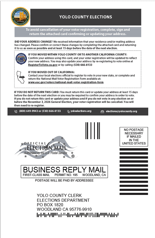 Address Confirmation Card (NVRA 8D-2 and Elections Code Section 2225(c)) - Front